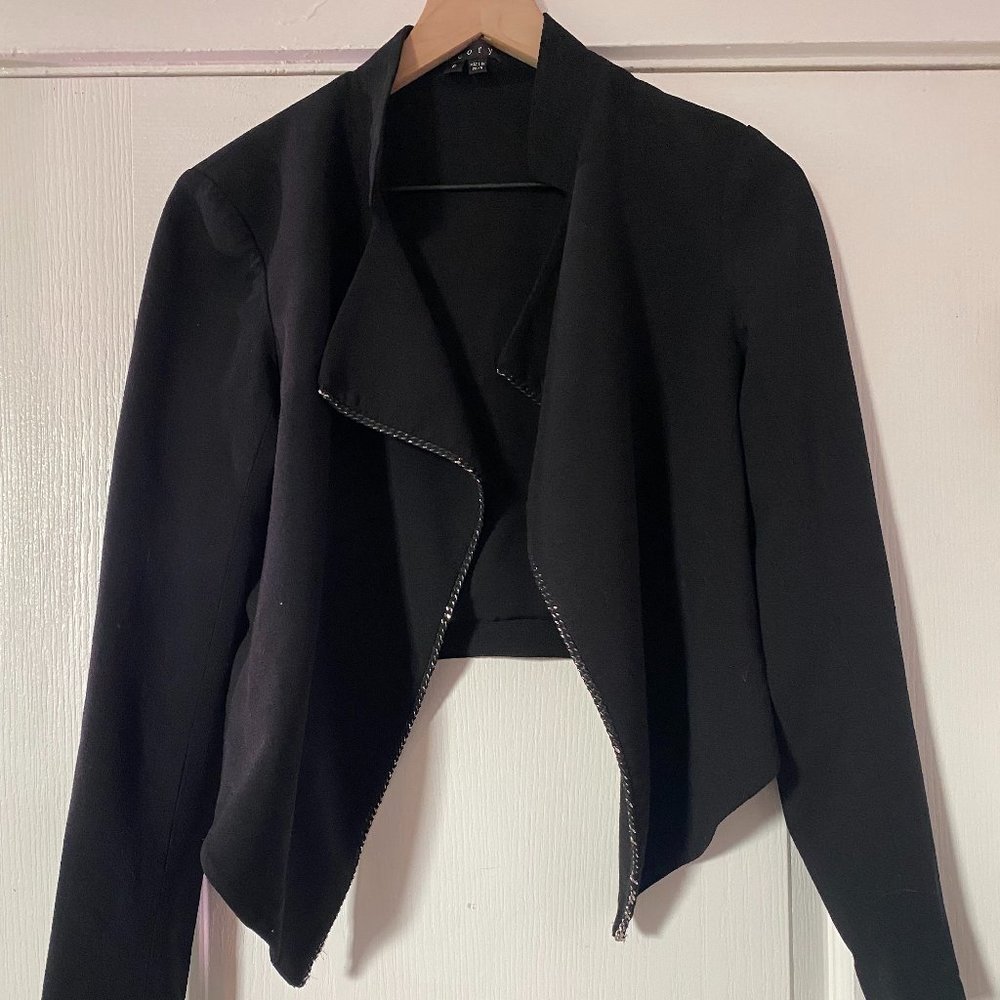 Theory Black Cropped Asymmetrical Blazer Chain Detail, Size Petite
